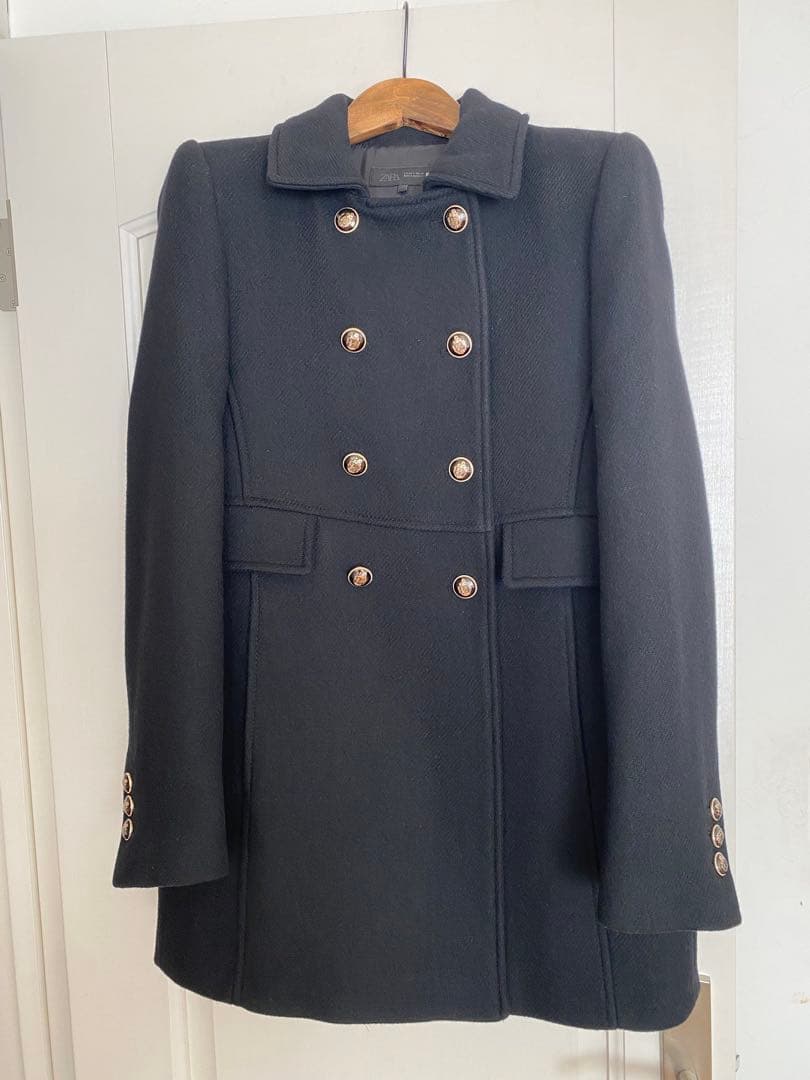 ZARA ウールダブルブレストコート　ブラック　S
