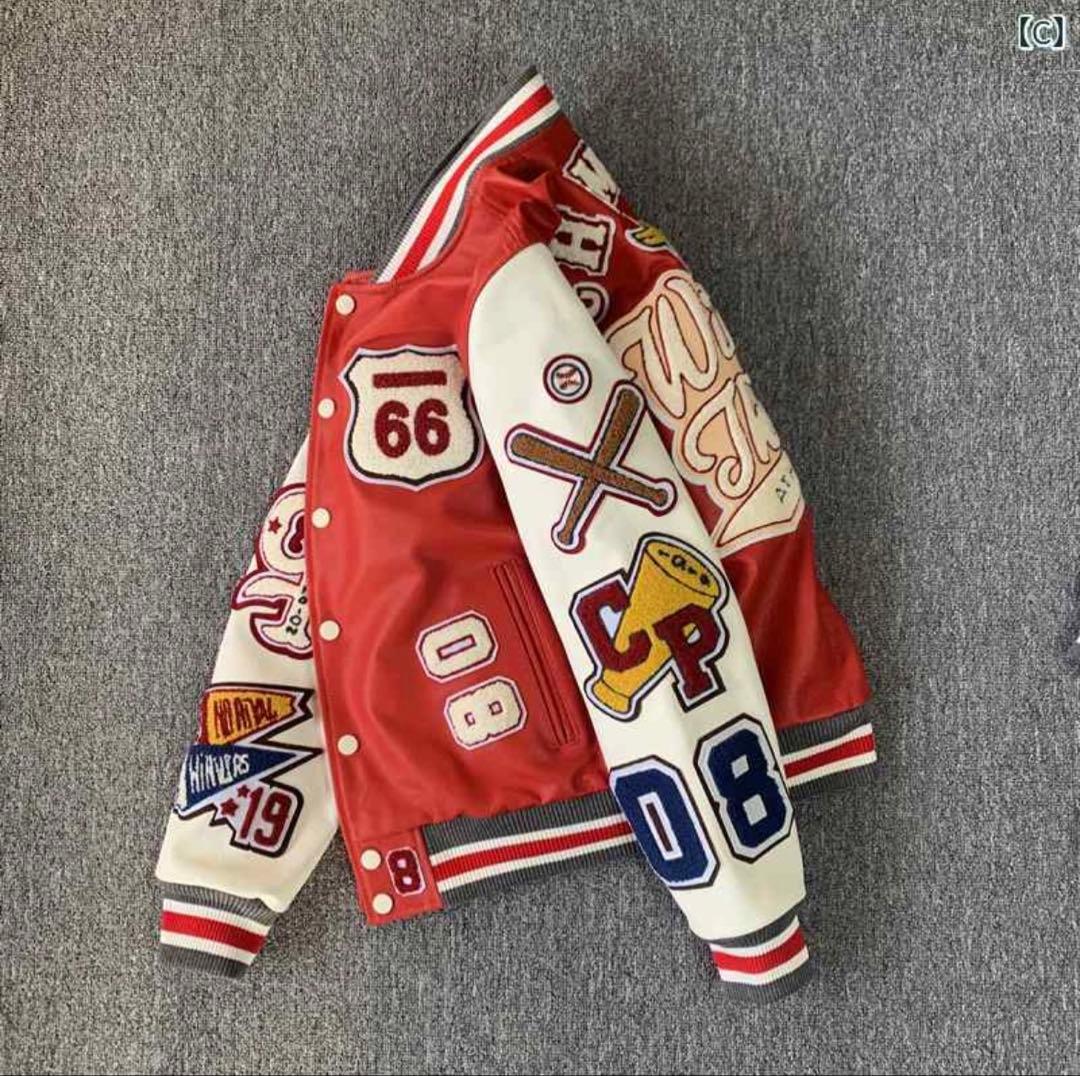 中綿入り スタジャン 赤/白 刺繍 パッチ付き