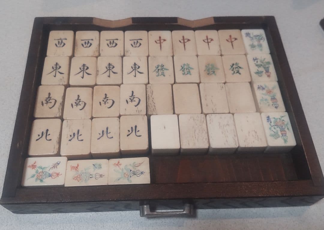 骨竹製 中国アンティーク麻雀牌 木箱付/Antique Bone Mahjong
