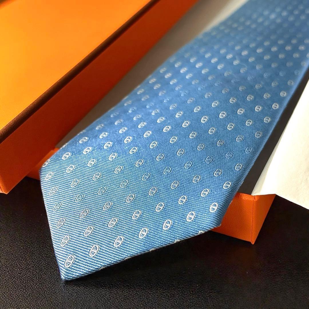 箱付き 未使用 HERMES シェーヌダンクル 総柄 ネクタイ 7.5