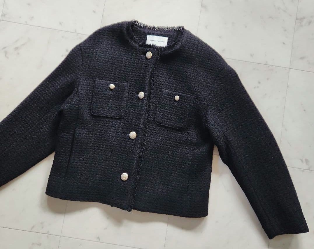 美品 定価3万 バンヤードストーム ノーカラージャケット 黒 ツイード ゆったり