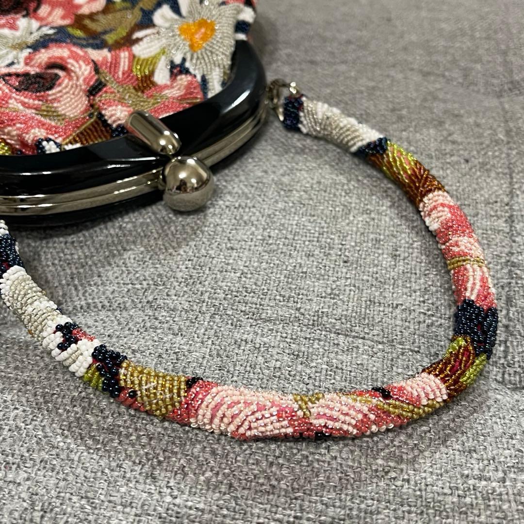 総ビーズ　ハンドバッグ 花柄　ビーズ刺繍 和装 がま口