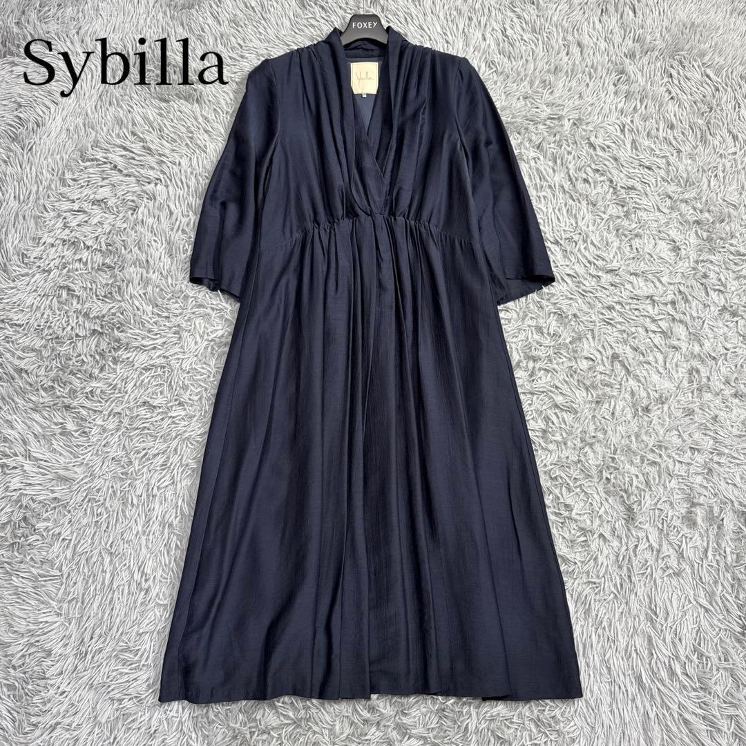 極美品✨シビラ シルク混 2022年 ネックギャザーワンピース ネイビー M