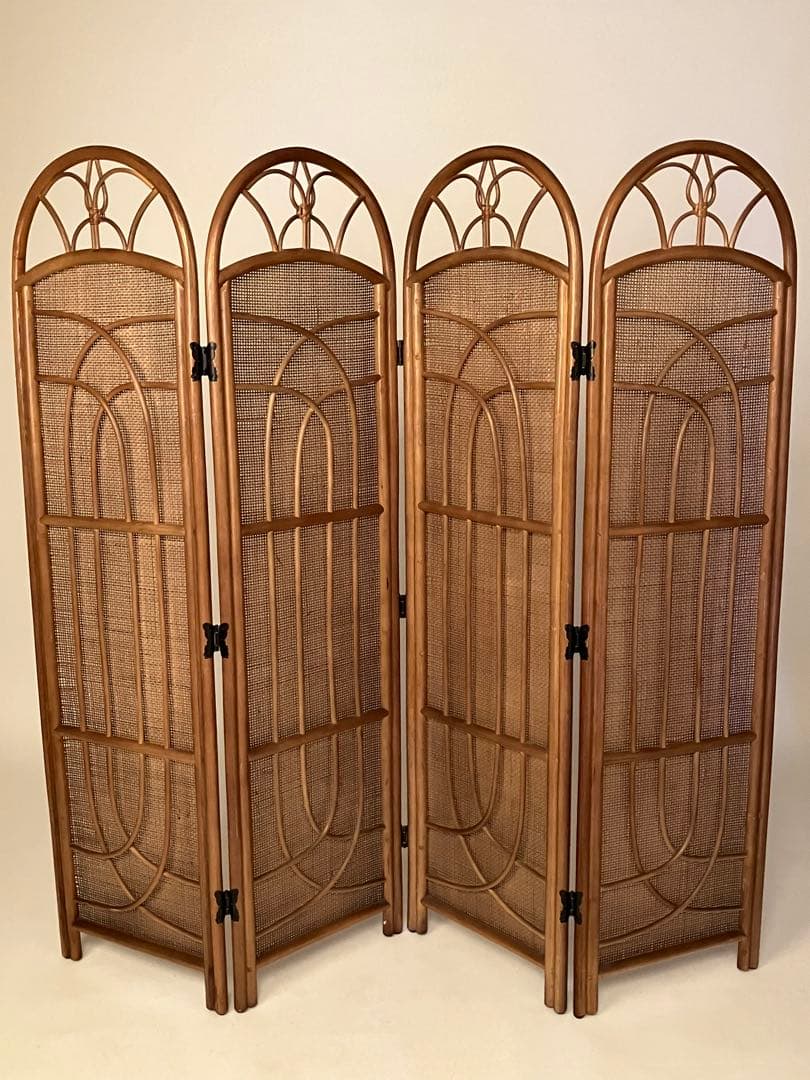 ブラウン籐家具パーテーション 4パネル
