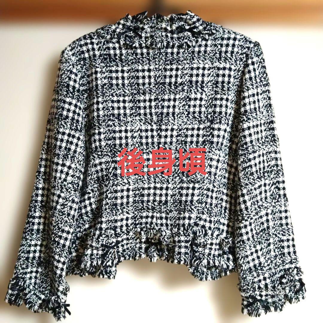 フリル付きノーカラージャケット ブラックチェック カネコイサオ