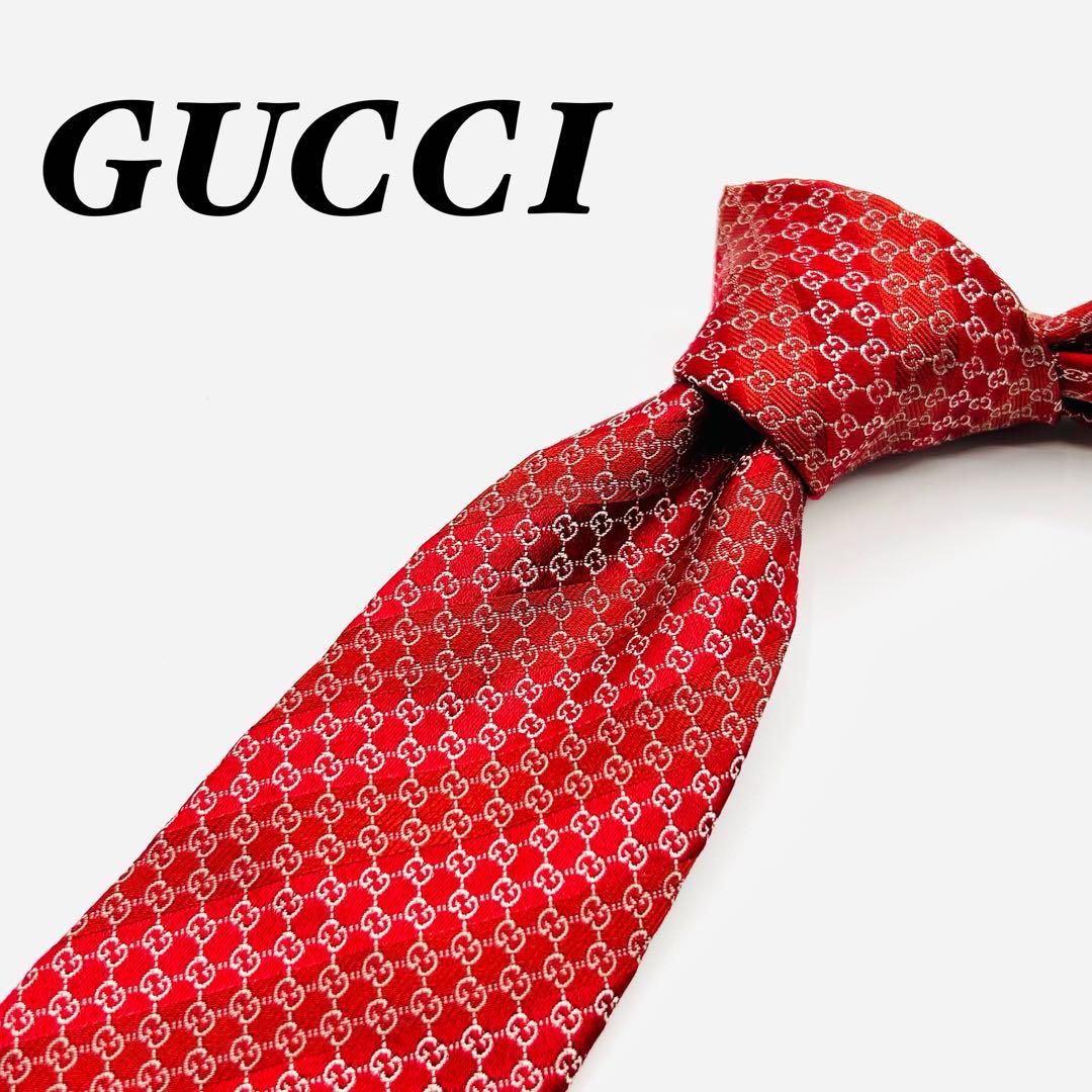 ✨美品✨GUCCI GG柄　高級シルク　レッド　ボルドー　ネクタイ　グッチ