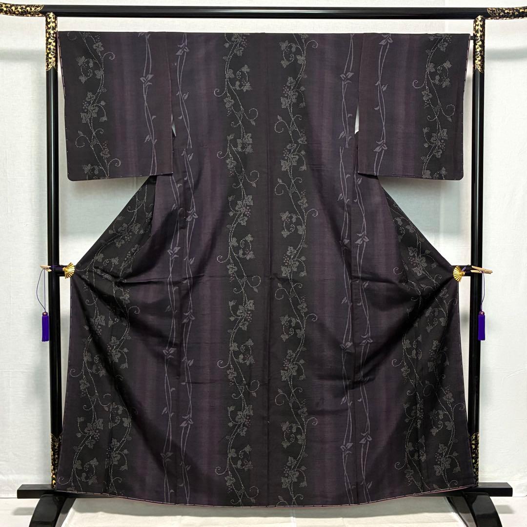 D10 本場結城紬 やまと 葡萄柄 濃紫系 正絹 着物 袷 しつけ糸未使用極美品