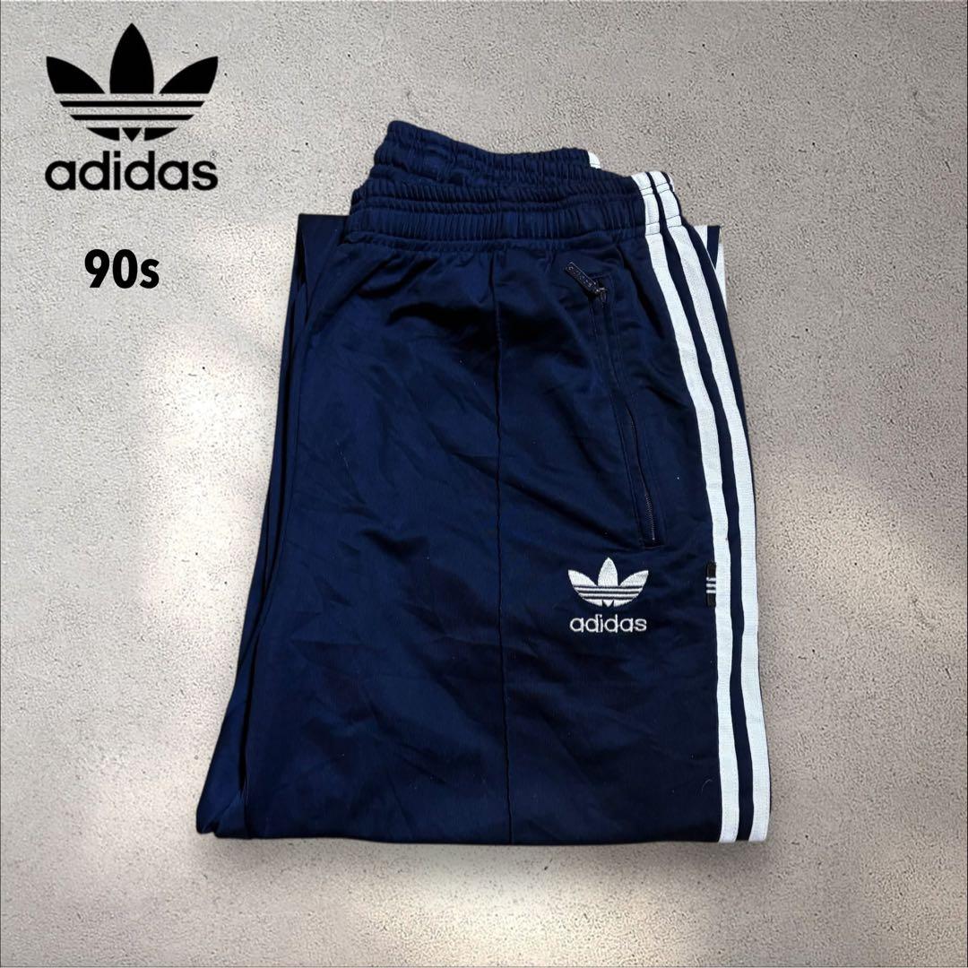 【N79】90s adidas トラックパンツトレフォイル刺繍ロゴ紺ヴィンテージ
