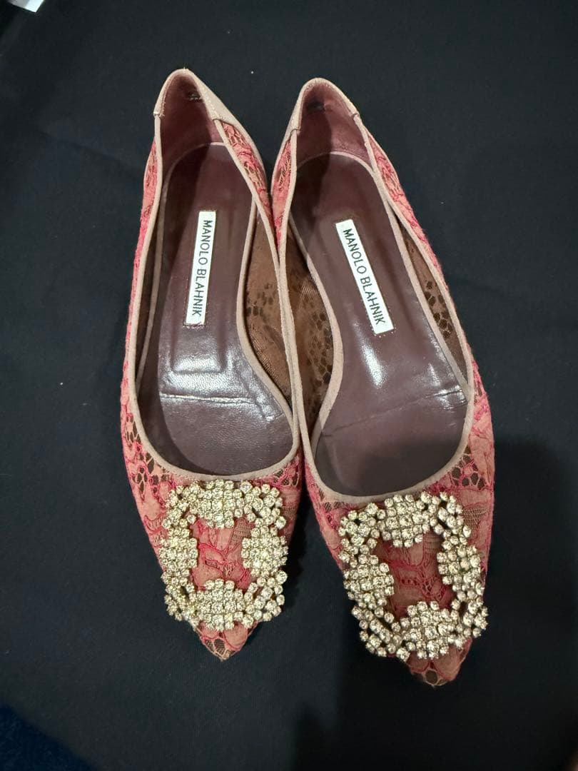 MANOLO BLAHNIK ピンクレースフラットシューズ 35ロンハーマン