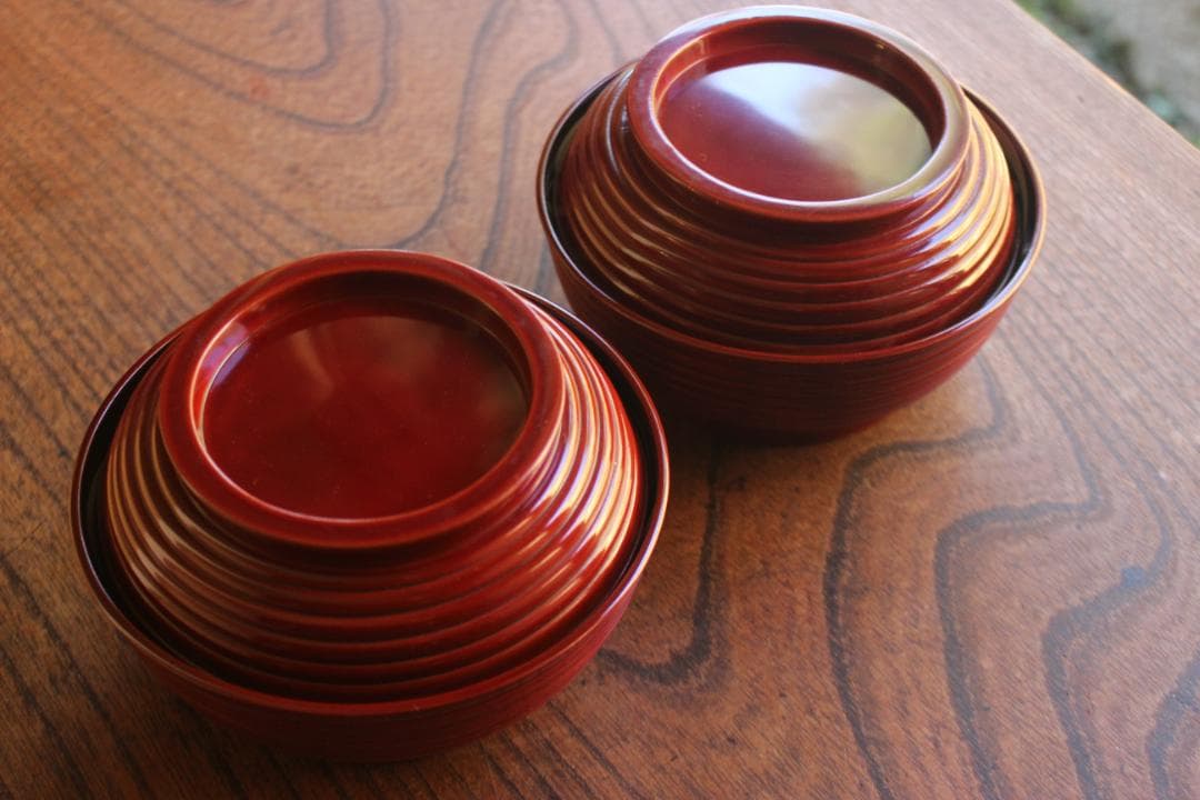 デッドストック！深みある糸目紅溜塗に極上稲穂福来雀蒔絵のお椀2点（検輪島塗雑煮椀