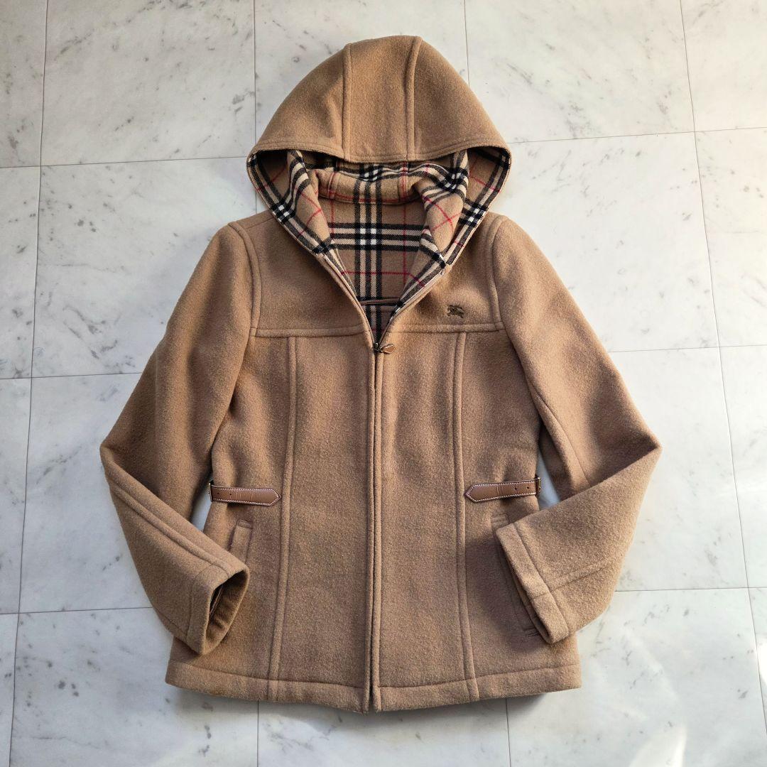 BURBERRYノバチェック　ホースロゴ刺繍　フーデットコート　レザー　ウール