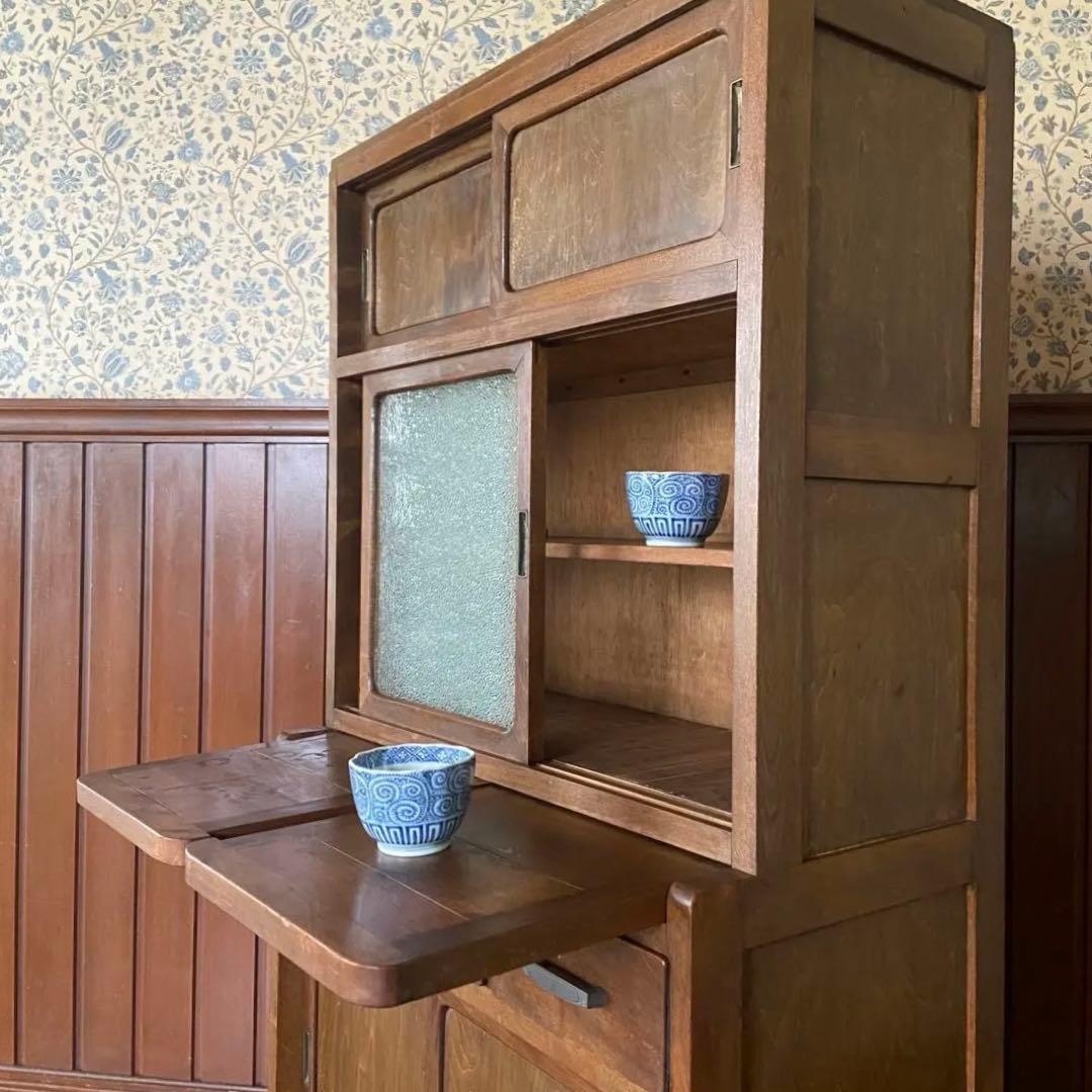 アンティーク　食器棚　置き台付き　希少な棚　ダイヤガラス　戸棚　昭和レトロ