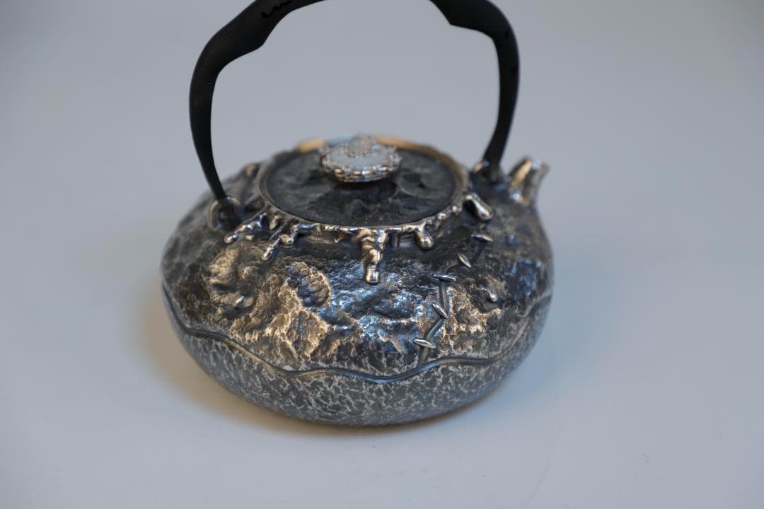 純銀製 平丸形 鎚目打 湯沸 湯沸 銀瓶 煎茶道具