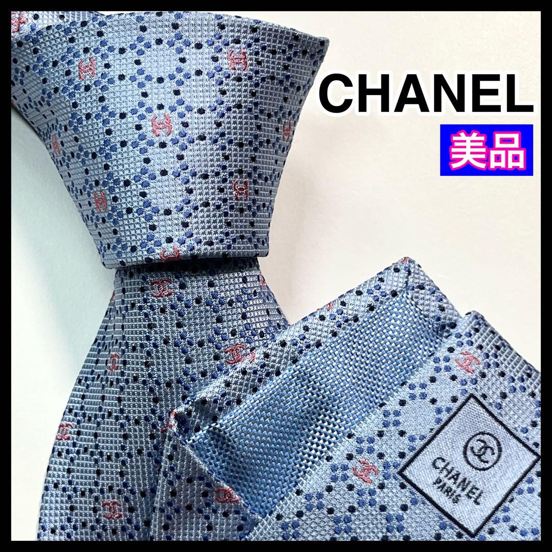 ✨美品✨ CHANEL シャネル　ネクタイ　高級シルク ココマーク　ドット　水色