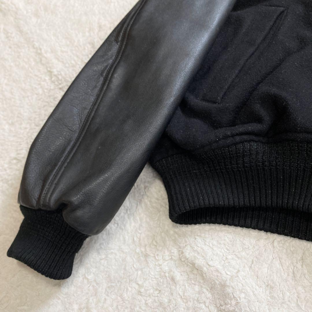 【希少】JUNMEN　スタジャン　袖レザー　牛革　背面デカロゴ　キルティング　黒