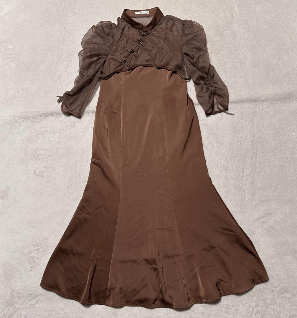 leja 透け感チャイナトップス付きロング丈キャミソールセットアップドレス