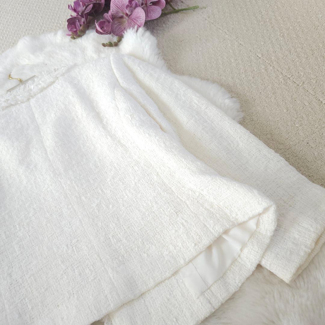 美品 ANAYI ビジュー付きツイードノーカラージャケット ホワイト 38サイズ