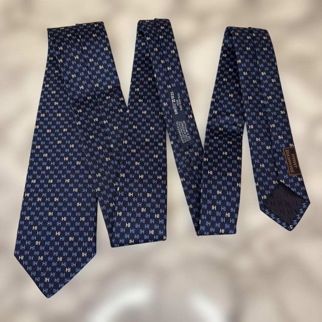 【箱&カード&リボン付】HERMES ネクタイ　ファソネ　ネイビー　紺色　H柄