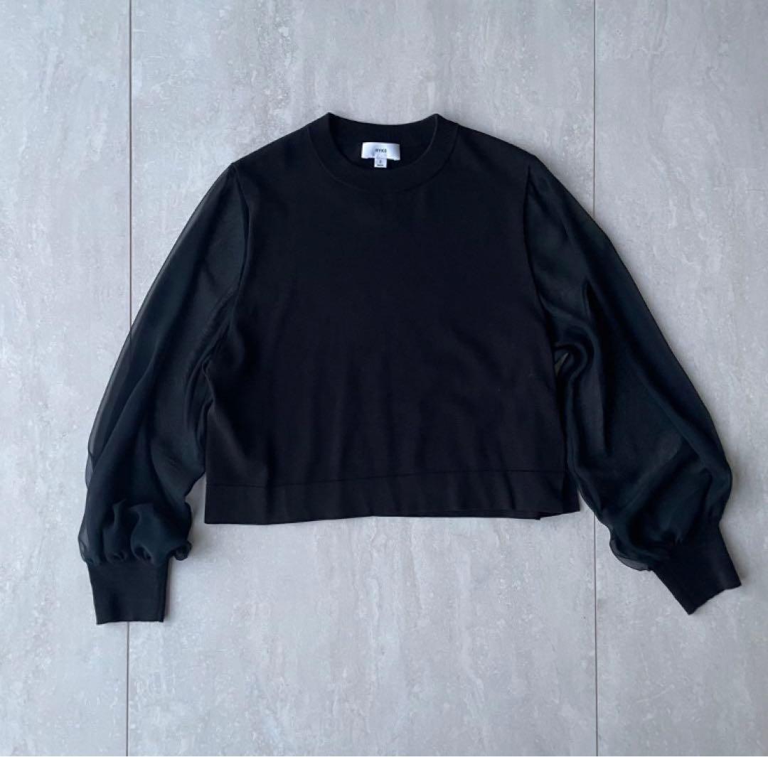 トップス HYKE CROPPED SHEER SLEEVE SWEATER#BLACK
