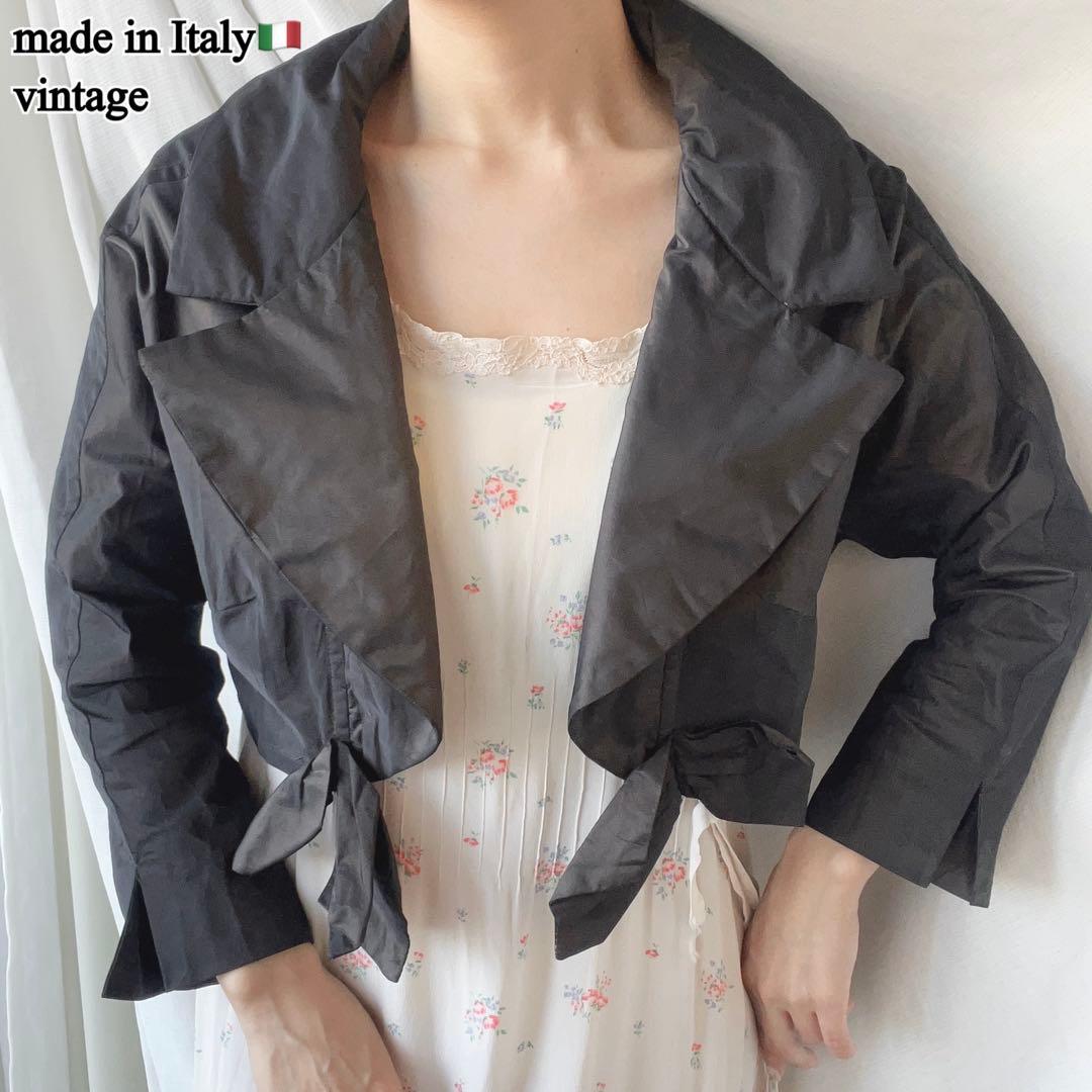 つっきー イタリア製ヴィンテージ 裾リボン クロップド丈パテッドジャケット