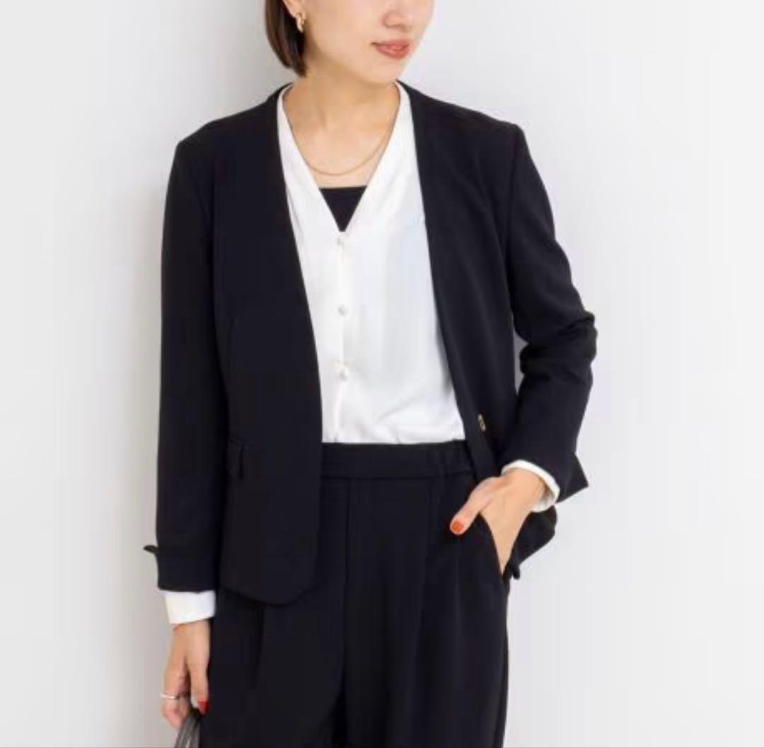 【新品】ノーリーズ ウォッシャブル カットジョーゼット ノーカラージャケット 黒