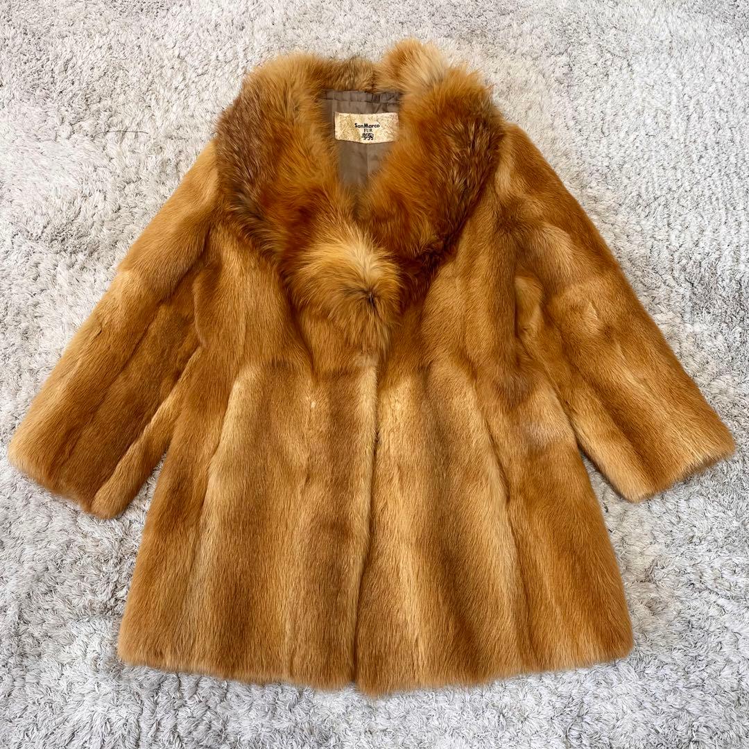 フォックス リアルファー コート ボリューム襟 毛皮 毛並み良好 レッドブラウン