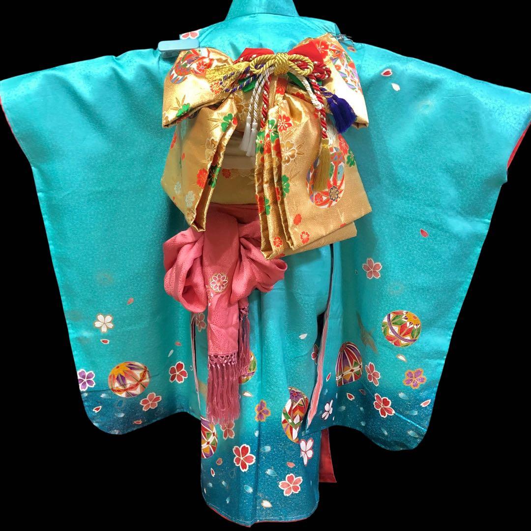 【正絹】 七五三　7歳　絵羽　鞠　折鶴　着物　四つ身　作り帯　セット　女の子