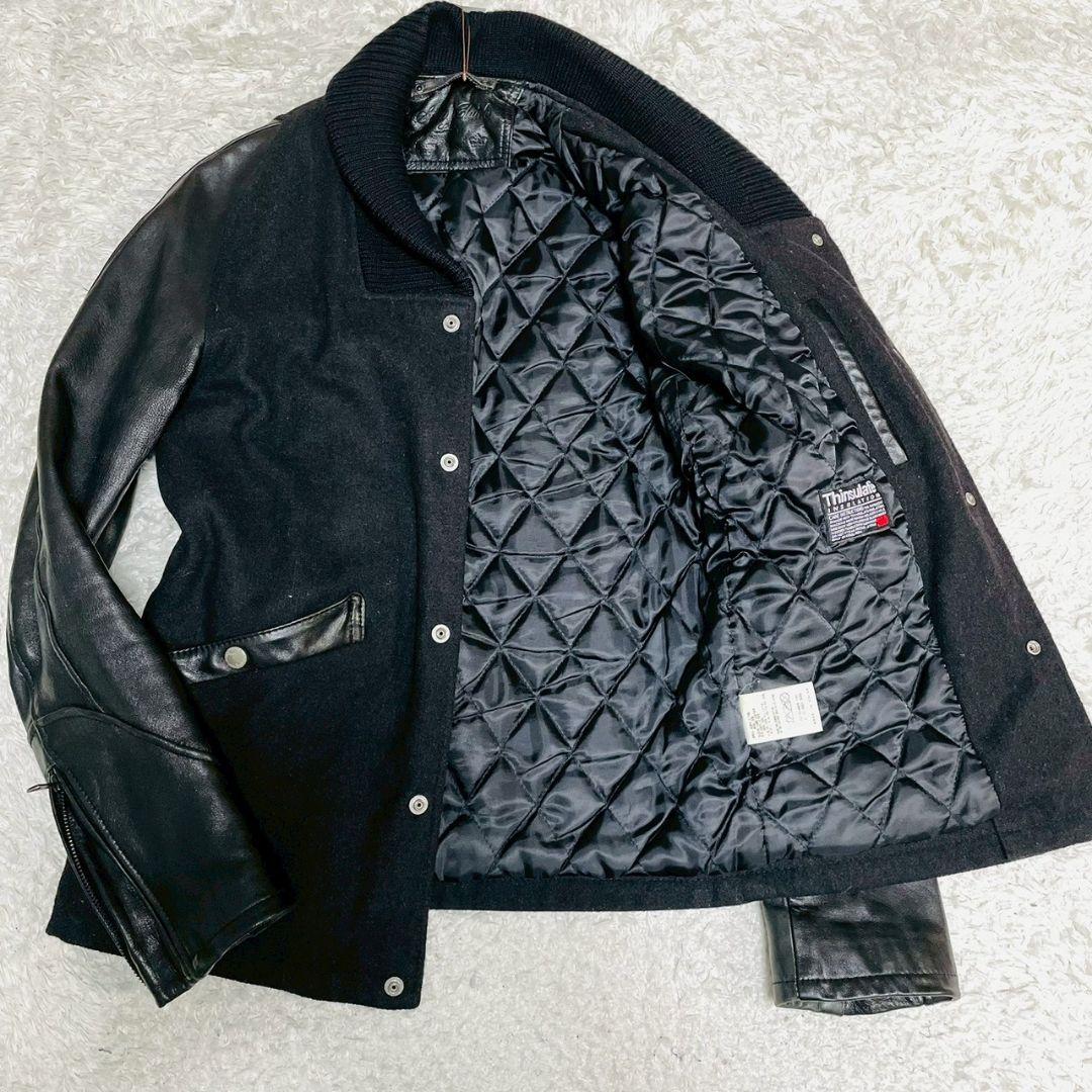 美品　Thinsulate　スタジャン　袖切替　Sサイズ　ラムレザー　ブラック