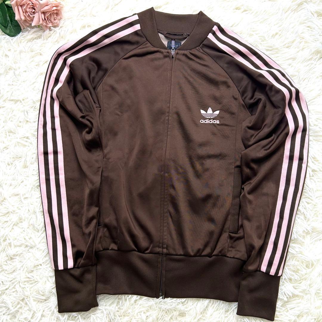 S adidas トラックジャケット ブラウン ピンク 茶ノーカラー レディース