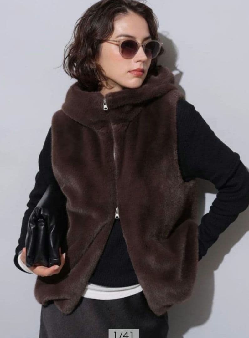 Arpege story ファーフードジップベスト 茶色 Sサイズ