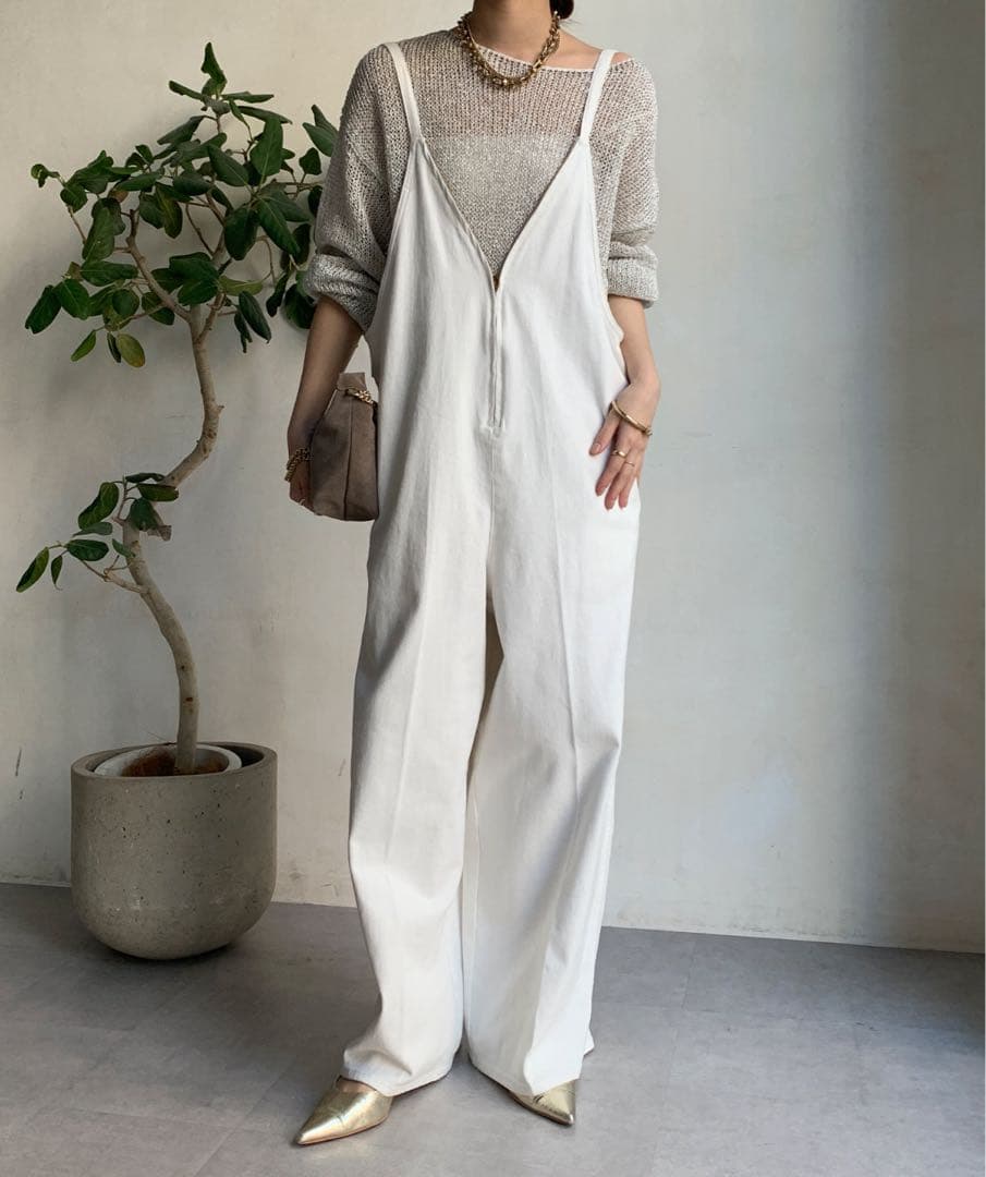 DouDou 細紐デニムフロントジップサロペット