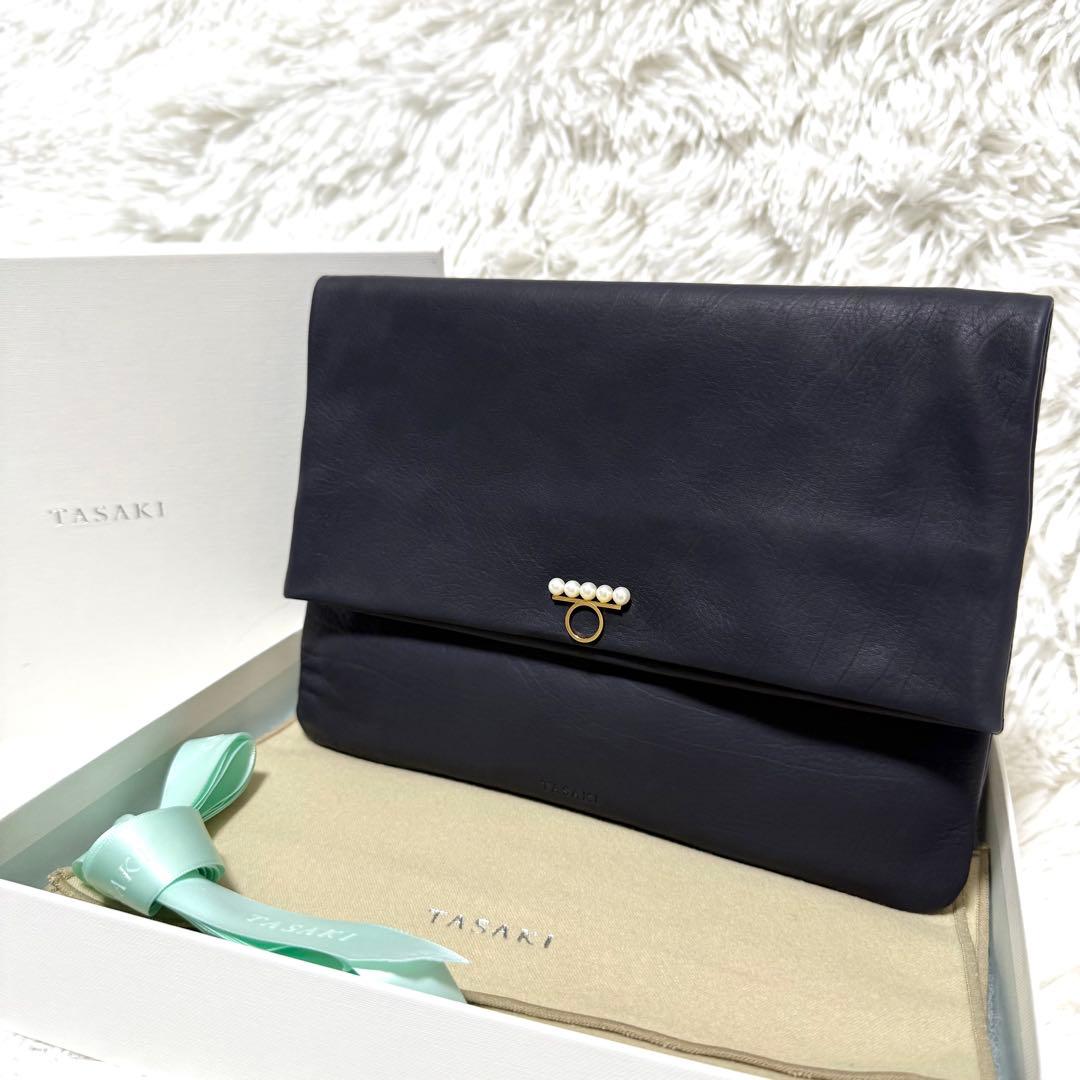 美品 タサキ バランス パール クラッチバッグ カーフレザー 5連 真珠 ポーチ