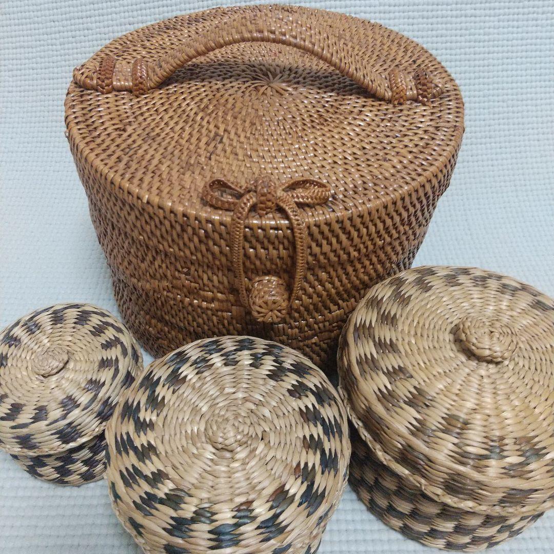 14×20cm アタ製♪持ち手付バスケット＆おまけ／自然素材 アジアン雑貨