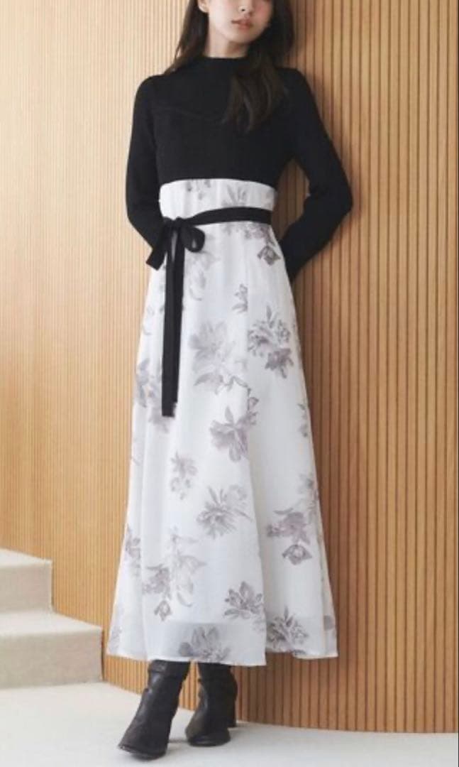 MERCURYDUO フラワードッキングロングスリーブワンピース