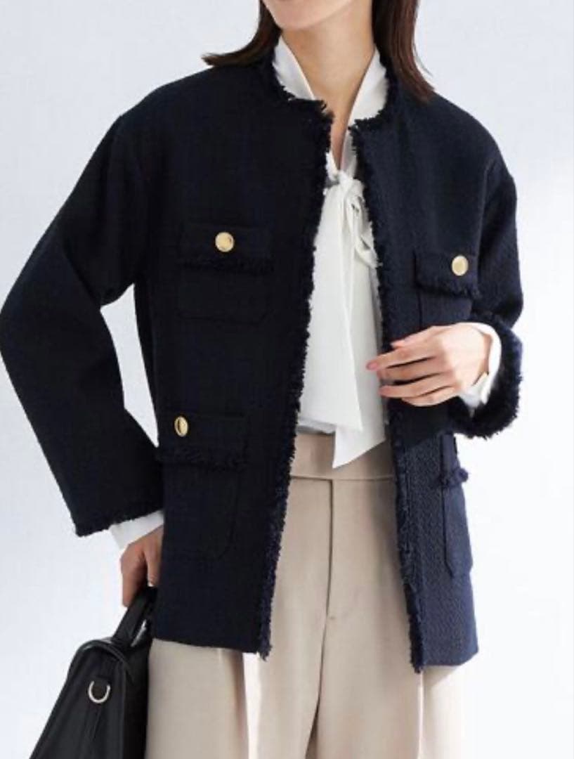 グリーンレーベルリラクシングツイードポケット ノーカラージャケットネイビー36