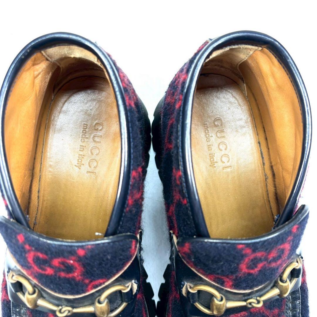 GUCCI グッチ　ブーツ　ホースビット　ローファー　ウール　GG ネイビー