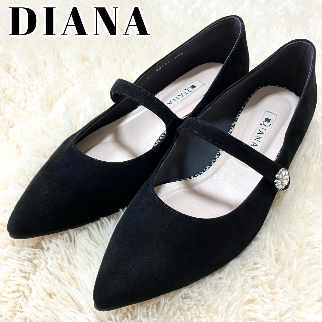 極美品✨ DIANA ダイアナ フラットパンプス ストラップ ビジュー 黒