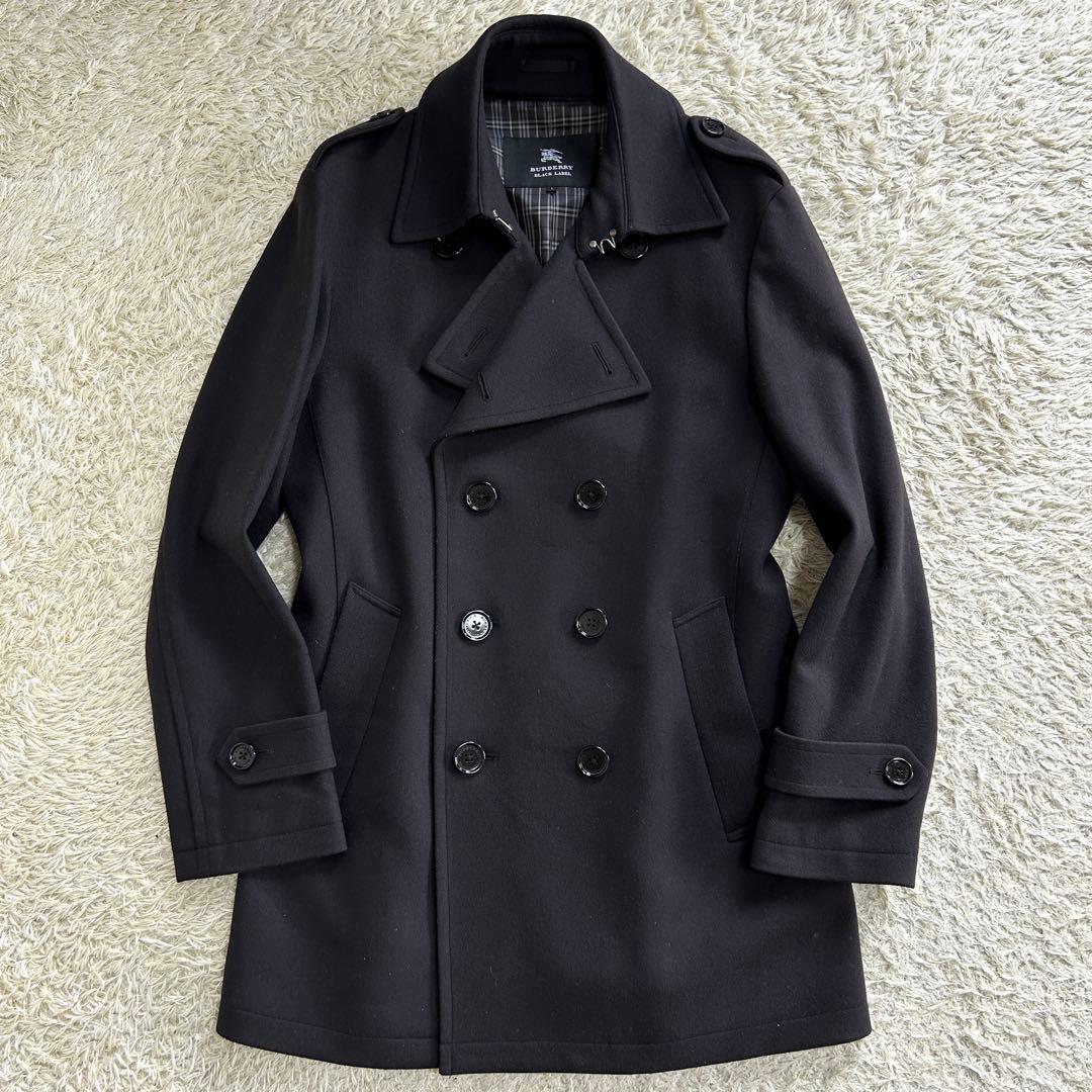 【美品 カシミヤ混】 バーバリーブラックレーベル Pコート ノバチェック 黒 L