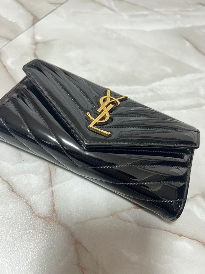 (限定カラー)YSLサンローラン 長財布 ブラックエナメルゴールド 正規品