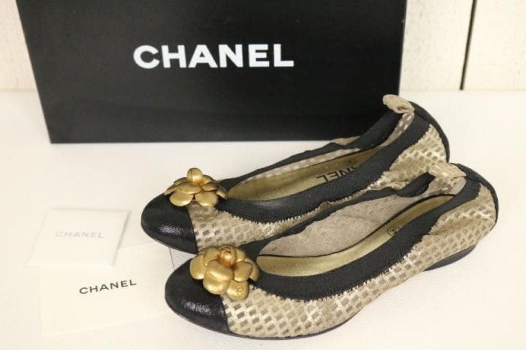 【美品】CHANEL フラットシューズ ゴールド/ブラック