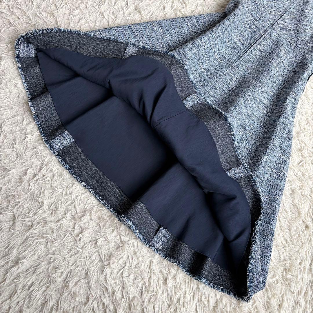 未使用級 22年♡ルネ ツイードワンピース TISSUE フリンジ 青系 36