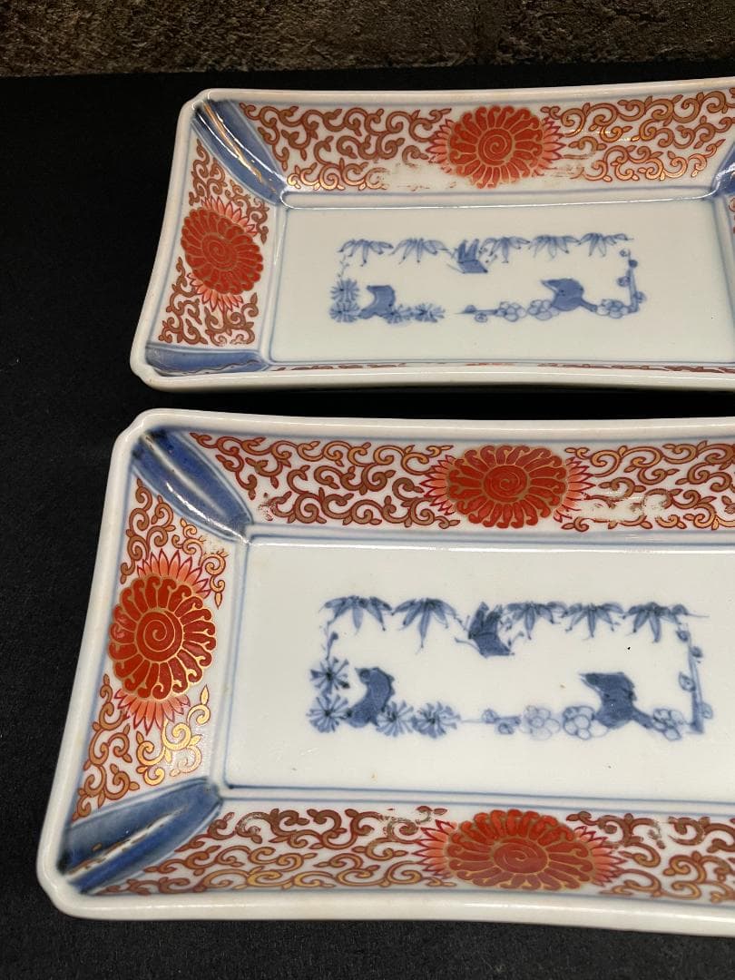 江戸期 富貴長春 古伊万里 染付 金彩 色絵 骨董 長皿 蛸唐草紋 美品 2客