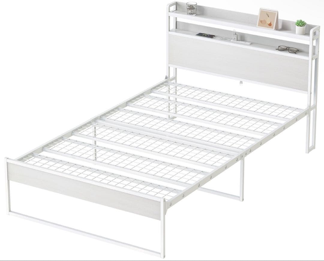 ホワイト シングルベッドフレーム USBポート付き