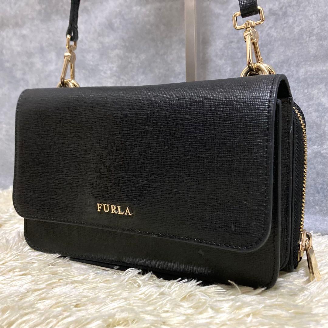 【極美品】フルラ ウォレットショルダーバッグ レザー ブラック リーヴァ