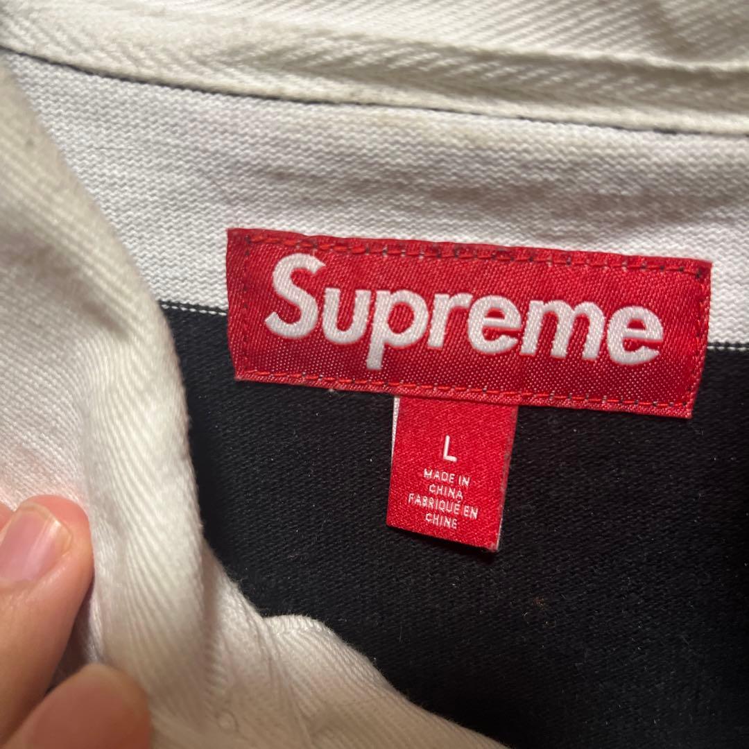 美品Supreme ラガーシャツ L 黒/白 ストライプ