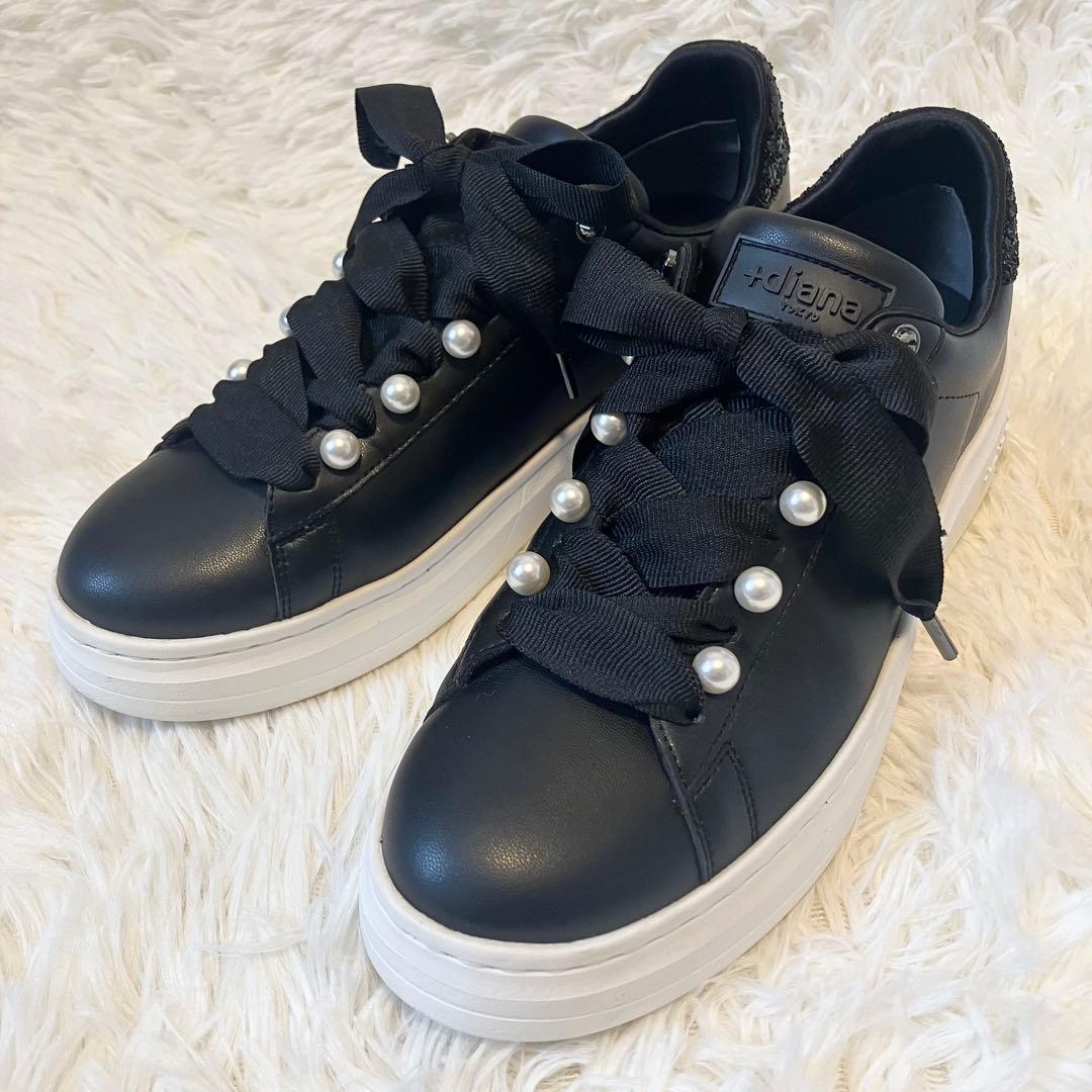 【美品】+diana パールビジュー付きリボンスニーカー ブラック 23.5