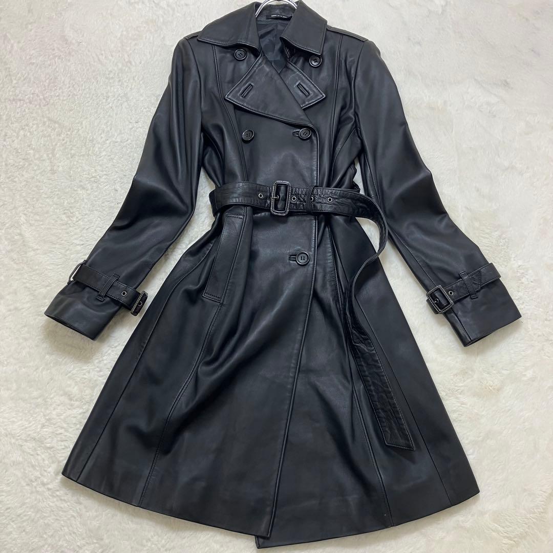 コムサデモード 羊革 ラム オールレザー ダブル トレンチコート ベルテッド 黒