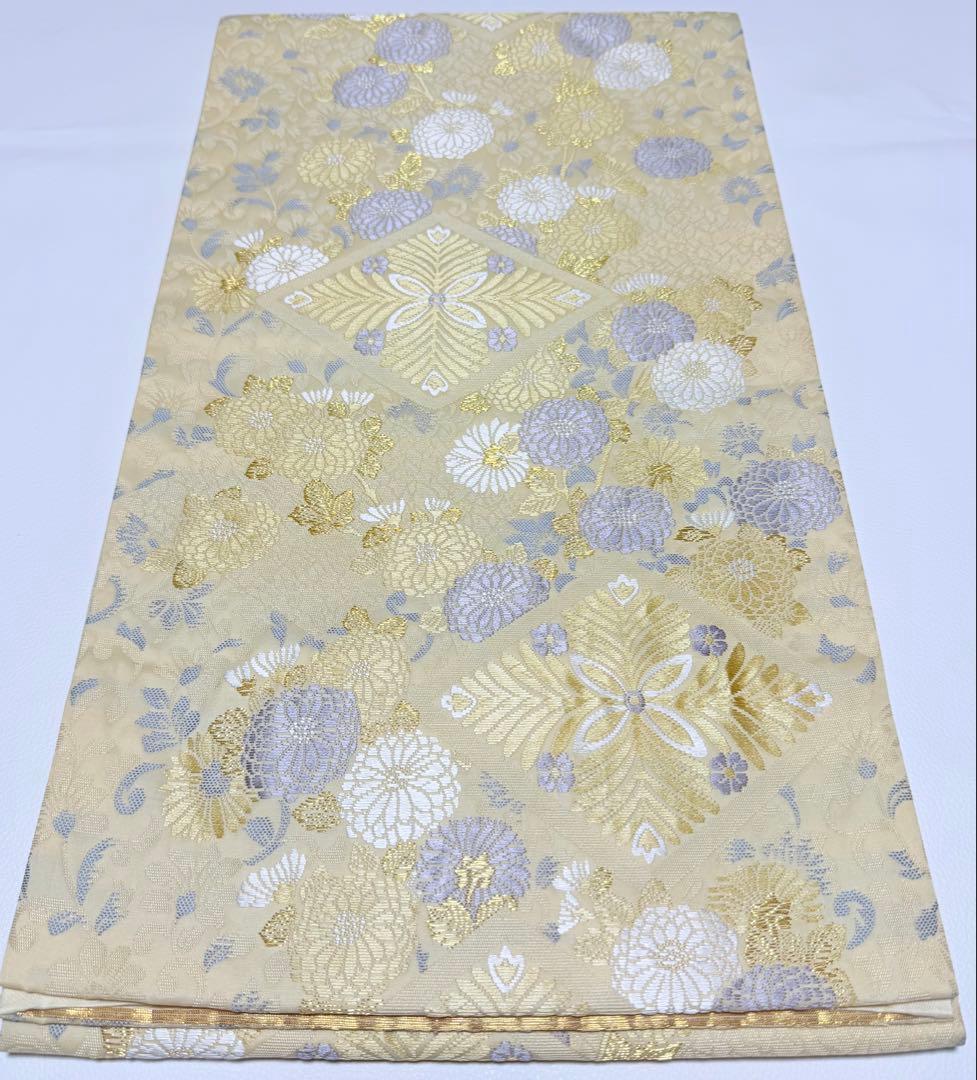 高級 袋帯 六通柄 唐織 ベージュ 七宝柄 フォーマル 訪問着 留袖 色無地