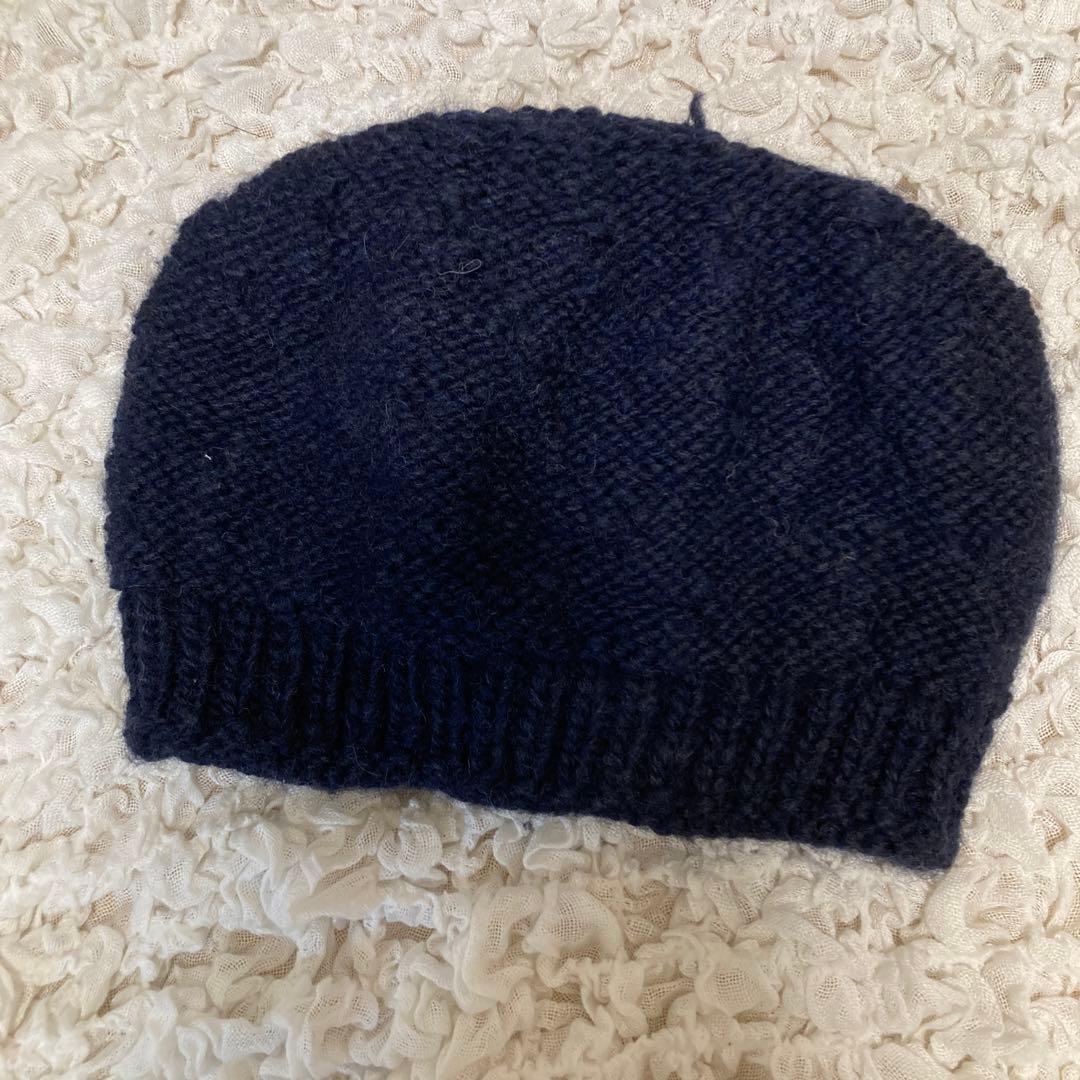 美品　キャピタル KAPITAL ポンポン付きニット帽　ネイビー　ハンドメイド