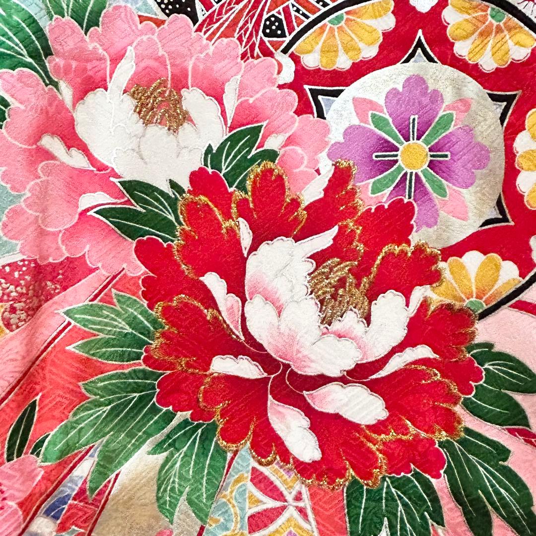 着物　お宮参り　産着　祝着　赤　つづみ　束ね熨斗　四季草花　女の子　襦袢付き